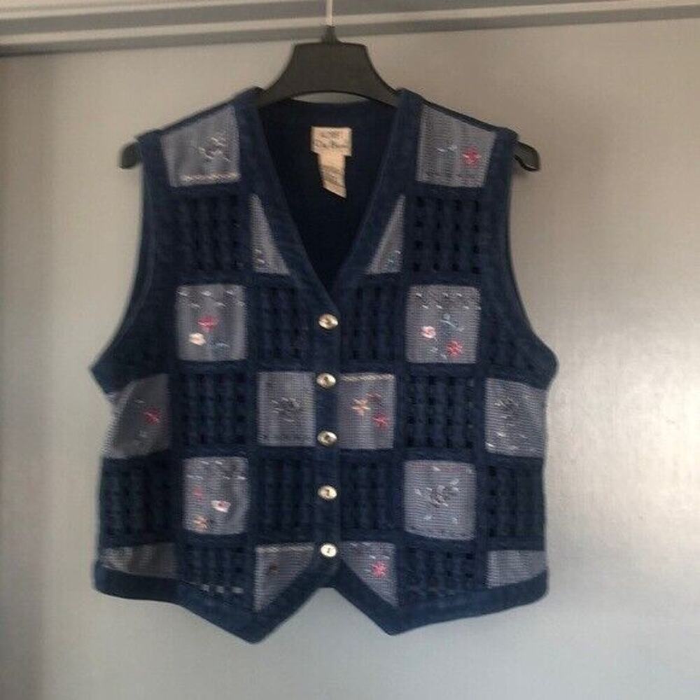 Vtg Koret City Blues Denim Vest Patch Embroider Cottage Grandma Prairie L Petite